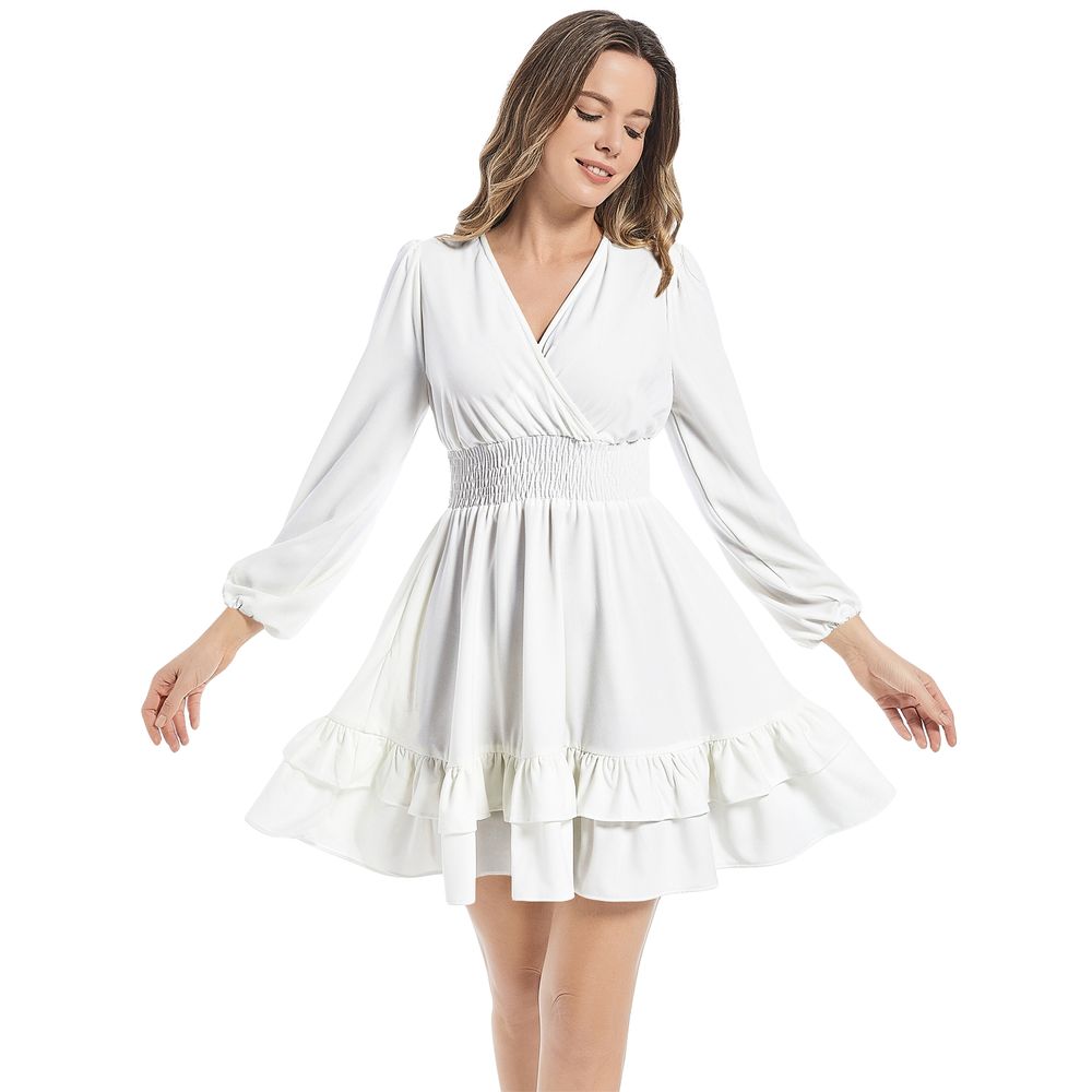 Valen Puffy Sleeves Ruffle Hem Dress - White [XS/S/M/L/XL] – Diamond Mojitto